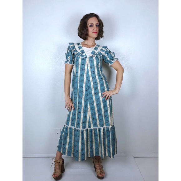 vintage 70s Blue STRIPED MuuMuu Maxi DRESS xs/s cottage core ruffles Hawaii boho - Picture 4 of 10